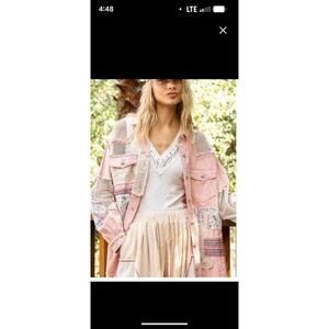 POL Jacket Patchwork Denim Mesh Floral Pink Pocket Distressed NWT M